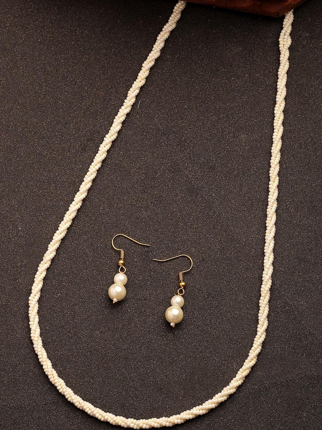 Anouk Women's White Pearl Gold-Plated Long Necklace with Earrings