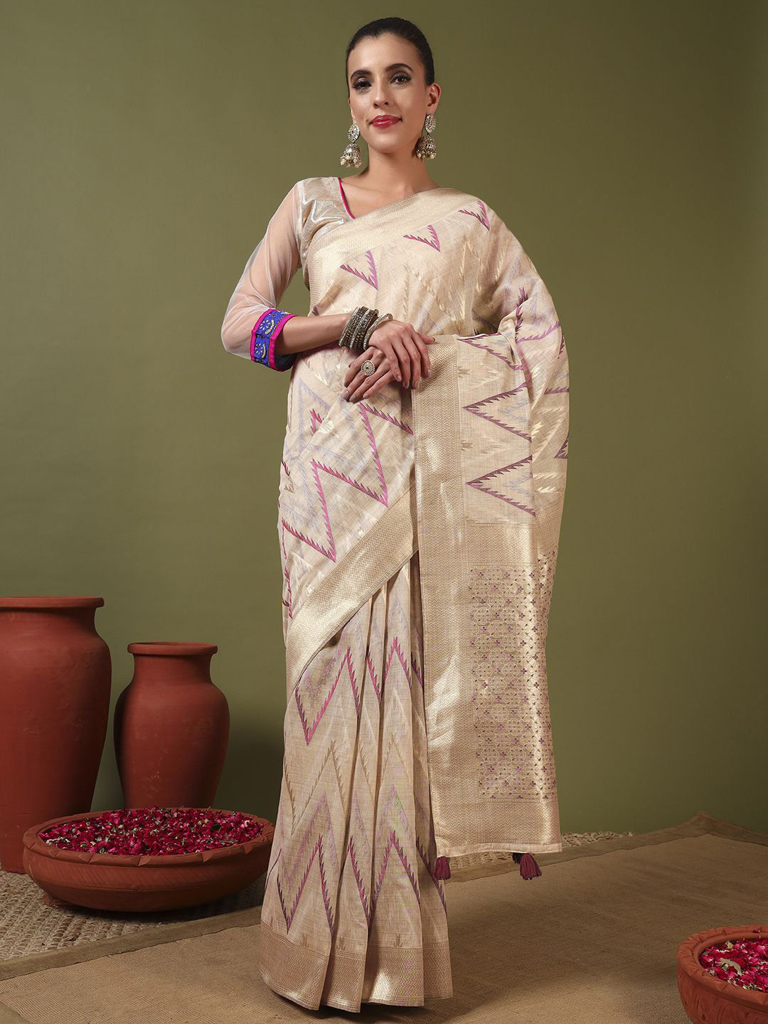 Chhabra 555 Women Geometric Printed Zari Chanderi Sarees