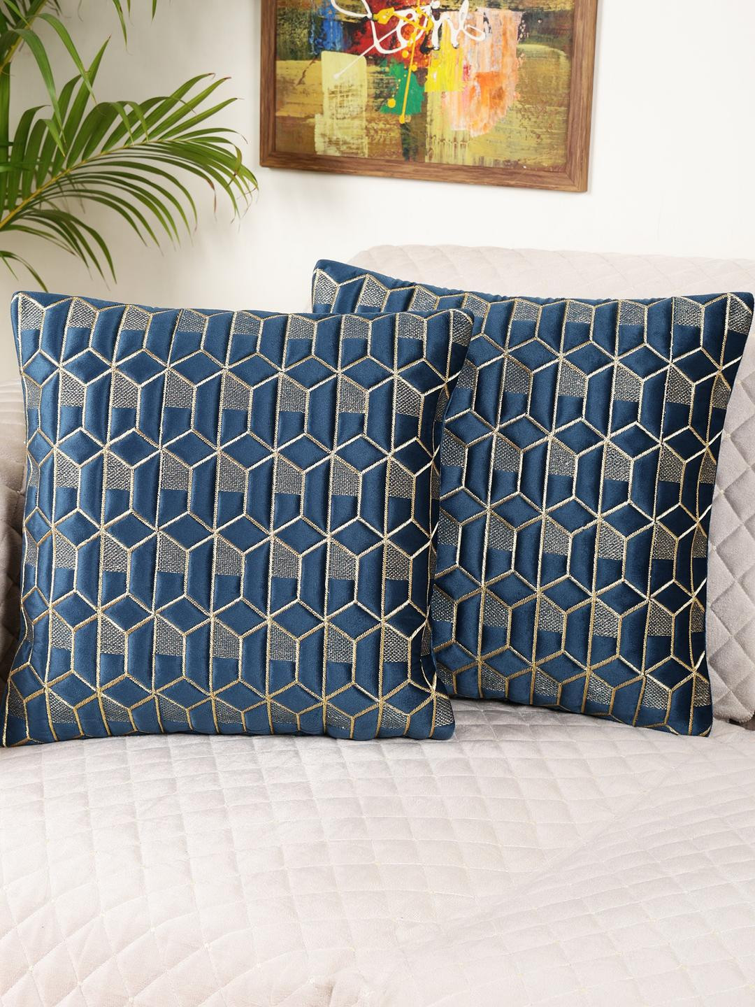 TANLOOMS Hexagon Design Geometric Velvet Durable 2 Pcs Embroidered Cushion Covers -12x12In