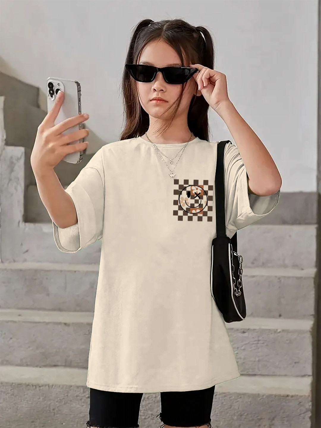 KEESOR Girls Printed Drop-Shoulder Sleeves T-shirt