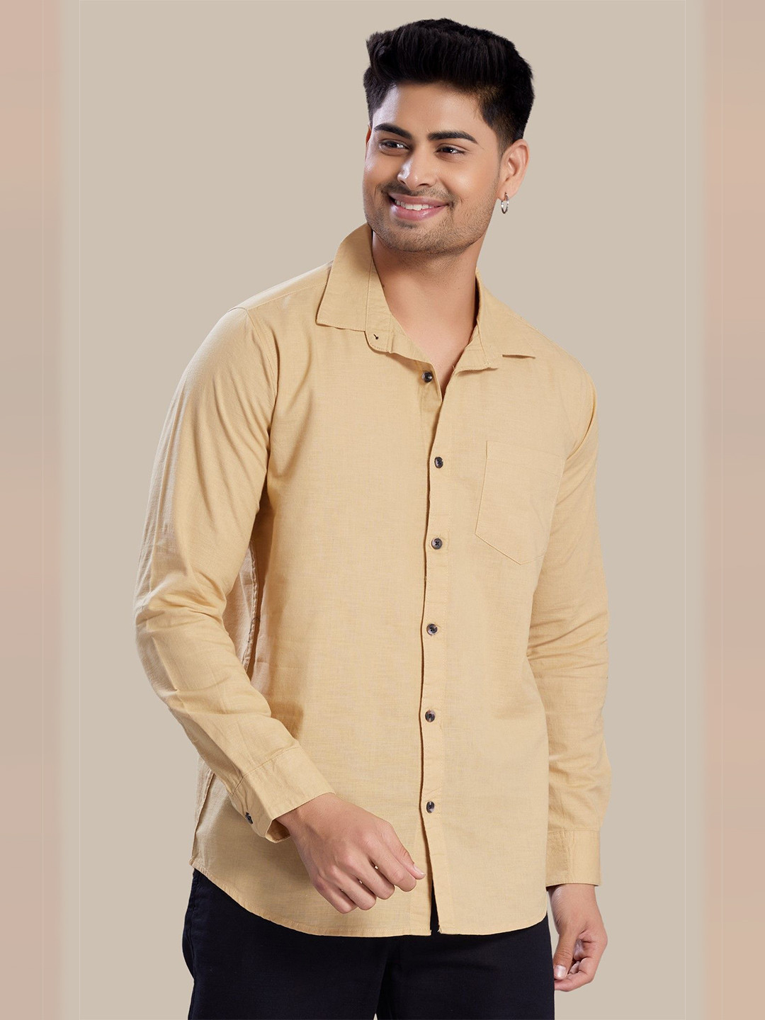 Beige Solid Regular Fit Casual Shirt