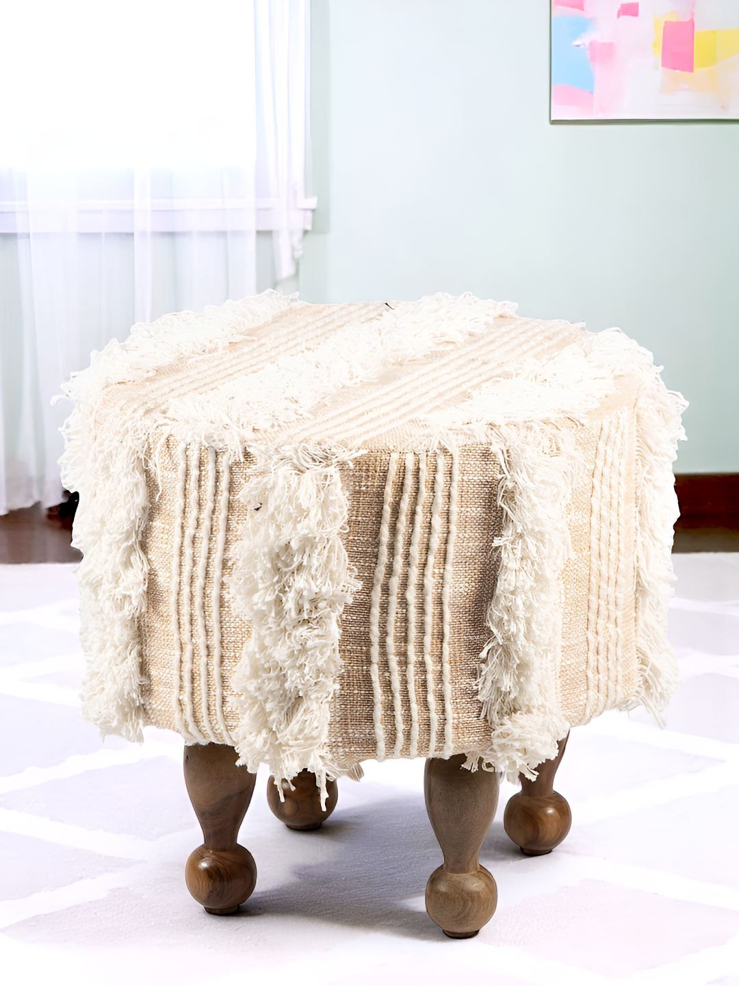 Ikiriya Beige Self-Designed Round Wooden Ottomans