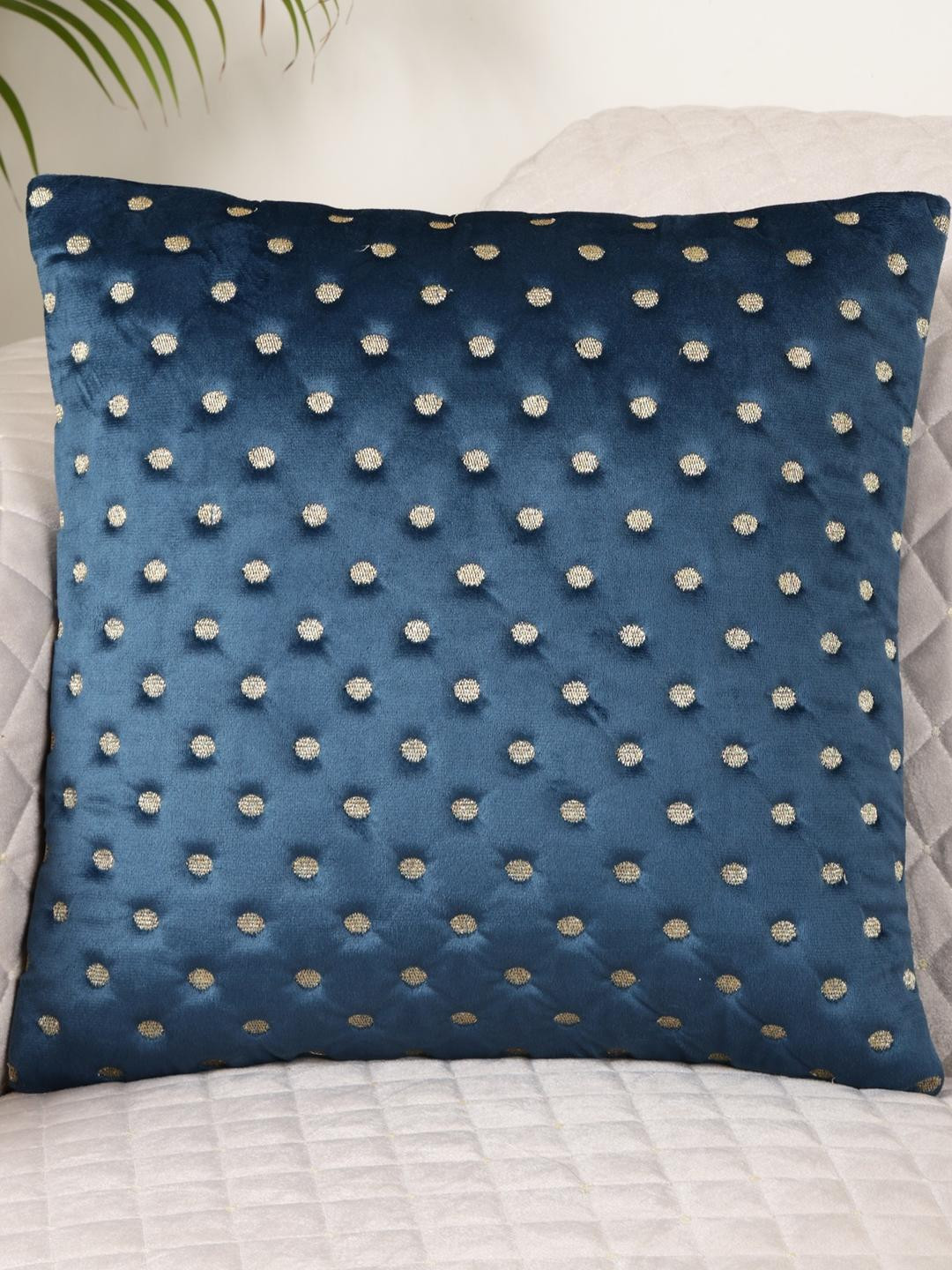 TANLOOMS Blue & Gold-Toned Quirky Velvet Square Cushion Cover pack of 1