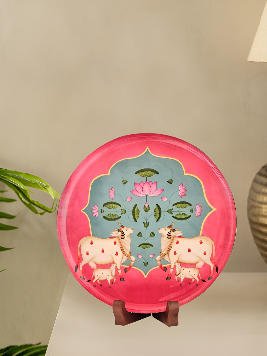 Devansh Pichwai Single Wall Plate Metal Floral Glossy Hanging Hall Wall Plates-9.8In