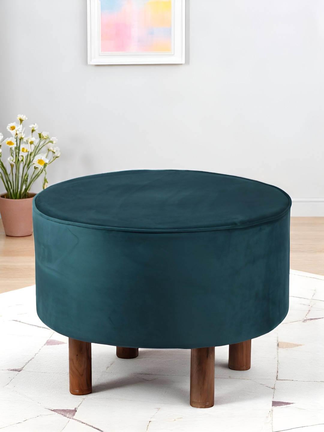 Ikiriya Turquoise Sea-Coloured Round Wooden Ottomans