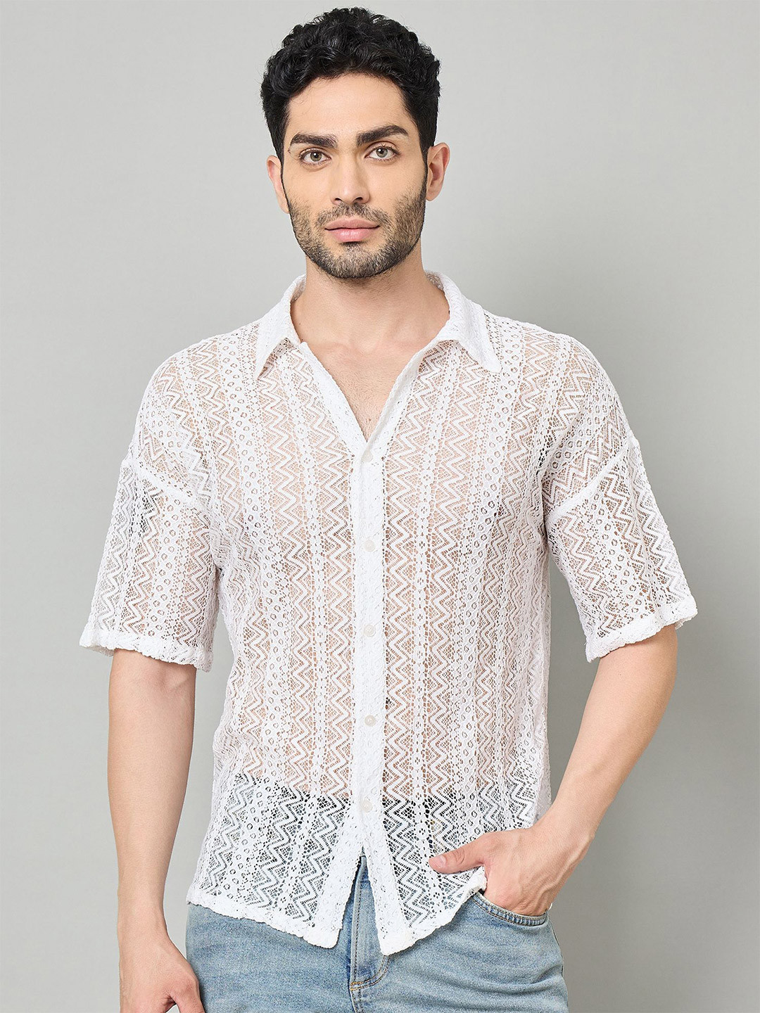 ZYNG Men Abstract Textured Regular Fit Sheer Casual Shirt