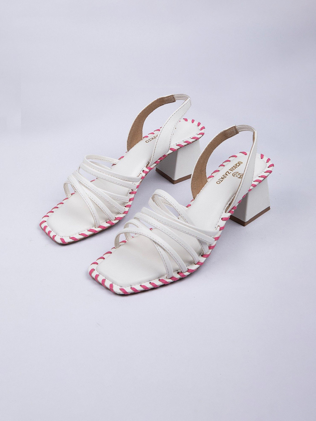 Schon Zapato Women White Block Heel Open Toe Strappy Sandals