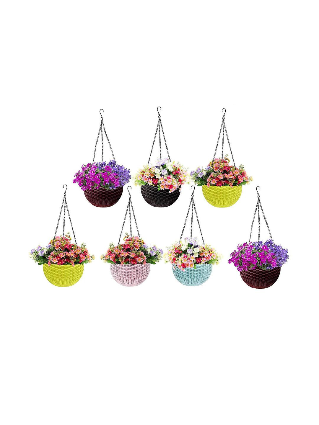 Rattan Hanging Planters Pot with Metal Hanging Chain - Pack of 7