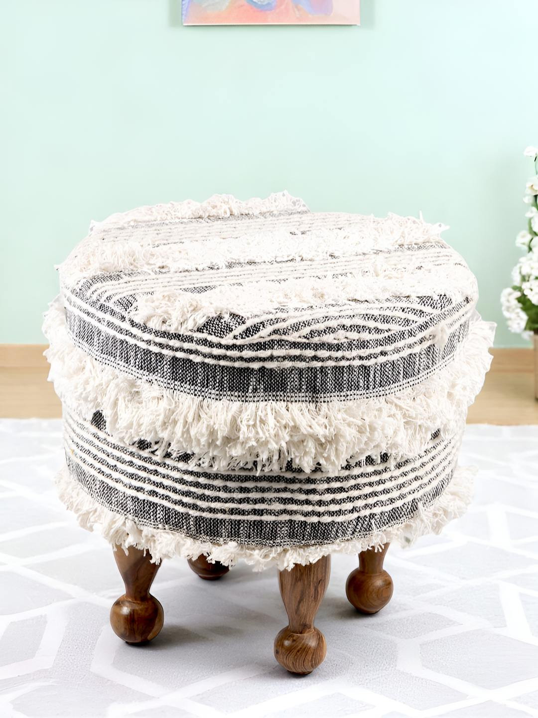 Ikiriya Grey Self-Designed Round Wooden Ottomans