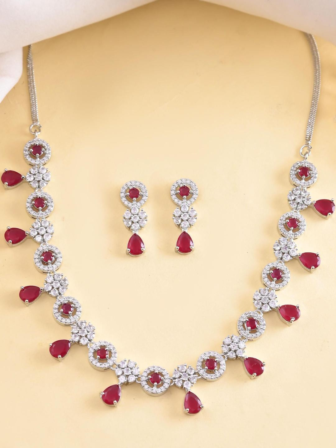 Silver Plated White And Marron AD Studded Circular Shape Jewellery Set