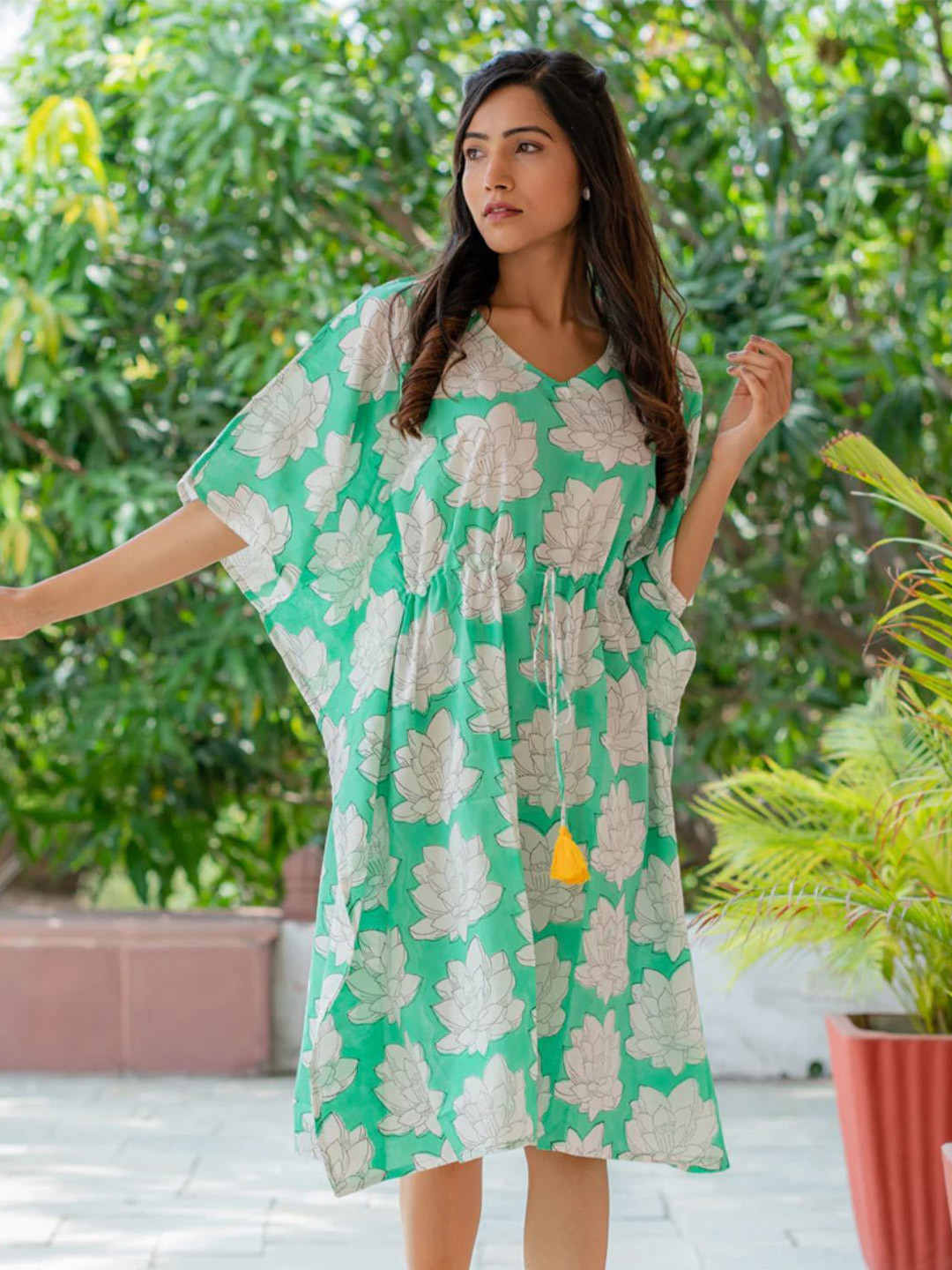 PHUTARI Women Hand Block Floral Printed Kaftan Dress