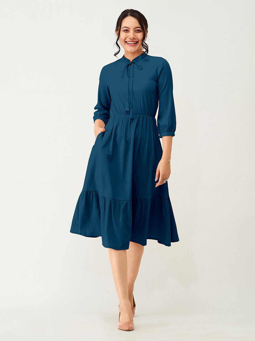 Trendmalls Women Flared Pleated Knee Length Western Fit and Flare Dress