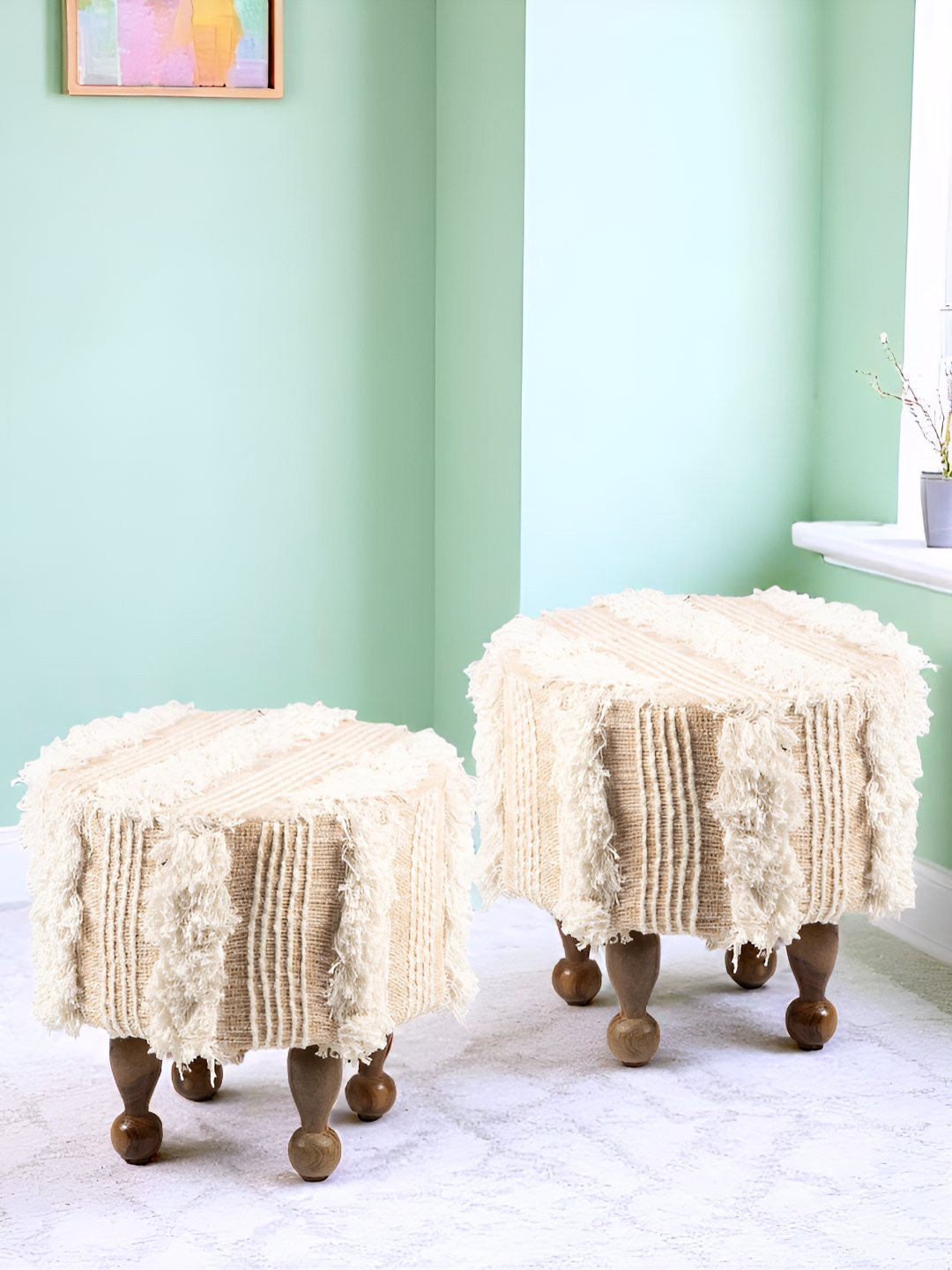 Ikiriya Pack Of 2 Beige Self-Designed Wooden Ottomans