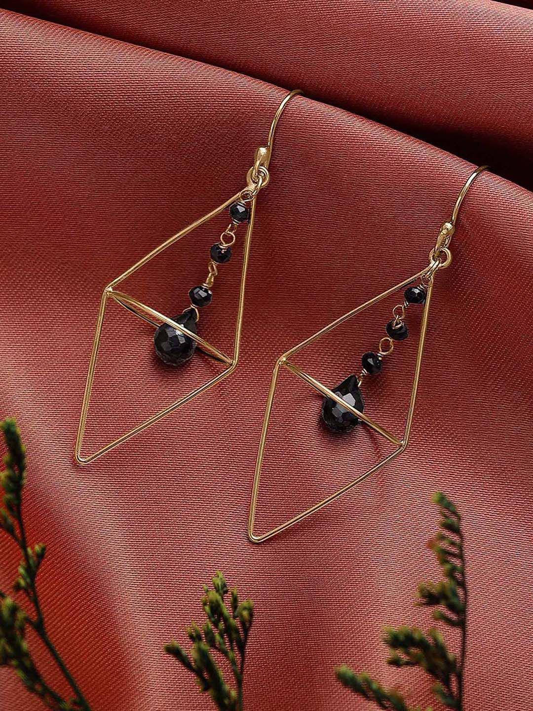 Tweov Jewels Sterling Silver Gold Plated Artificial Stones Studded Triangle Drop Earrings