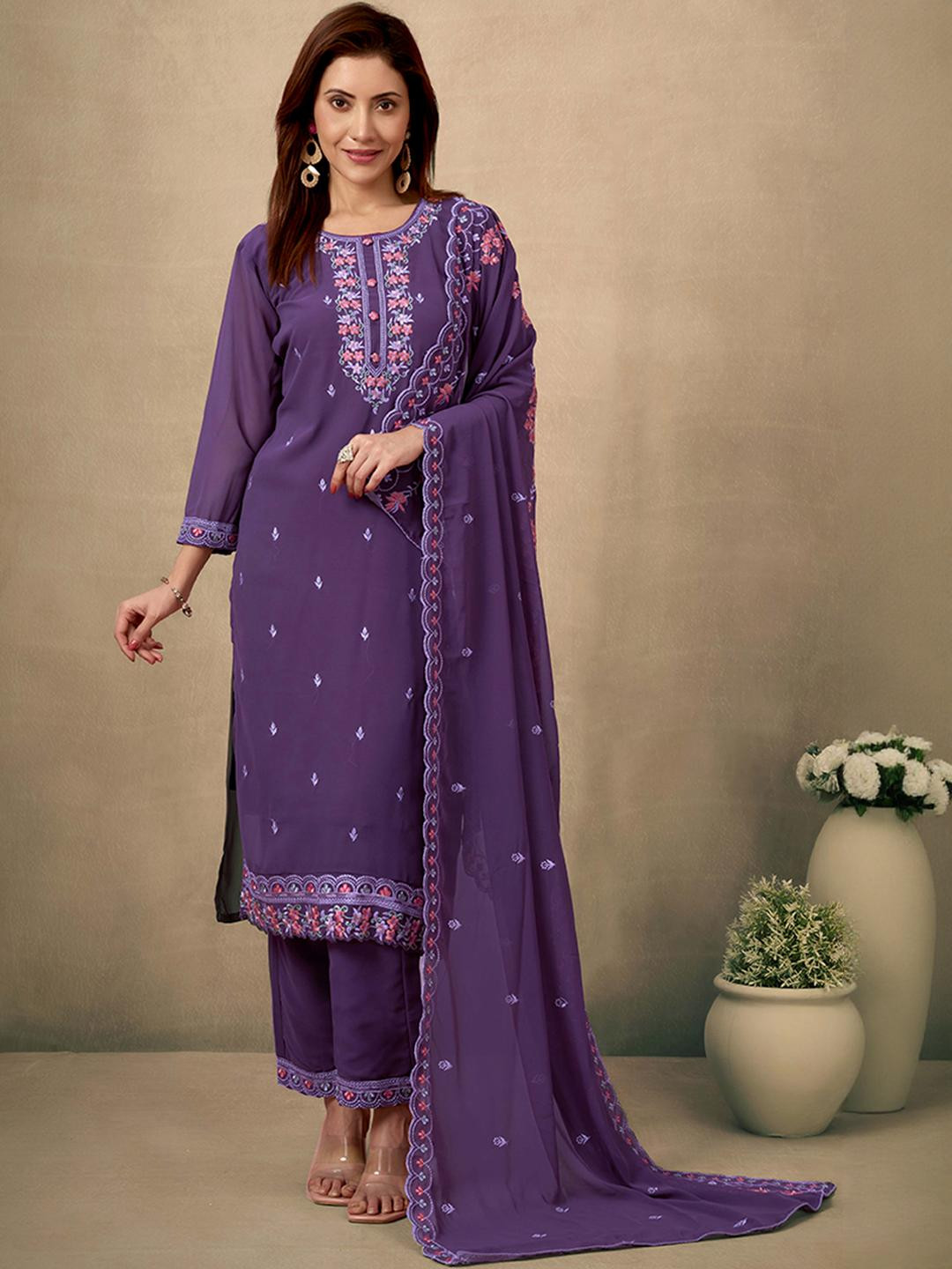 Wine Embroidered Heavy Viscose Georgette Straight Salwar Suit