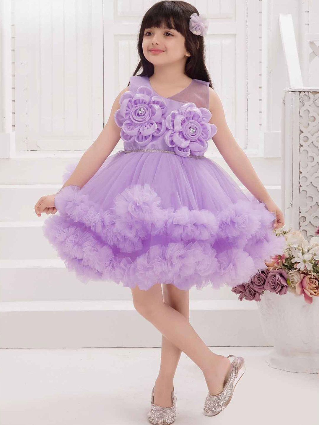 Lagorii Girls Purple Lagorii Floral Embellished And Stone Work Party Wear Frock