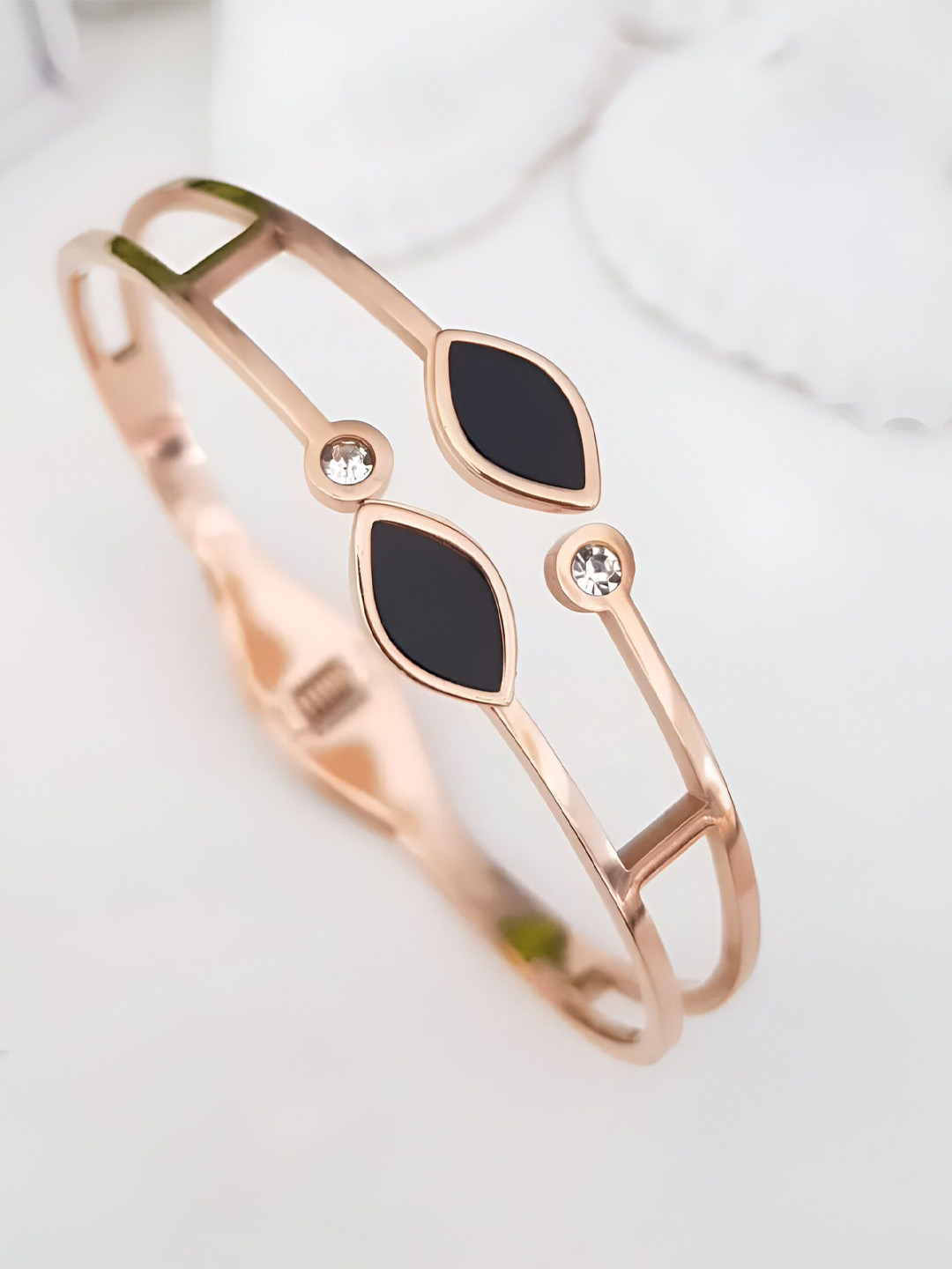 VS Unique Collection Women Rose Gold-Plated Two Leaf Black Stone Crystal Kada Bracelet