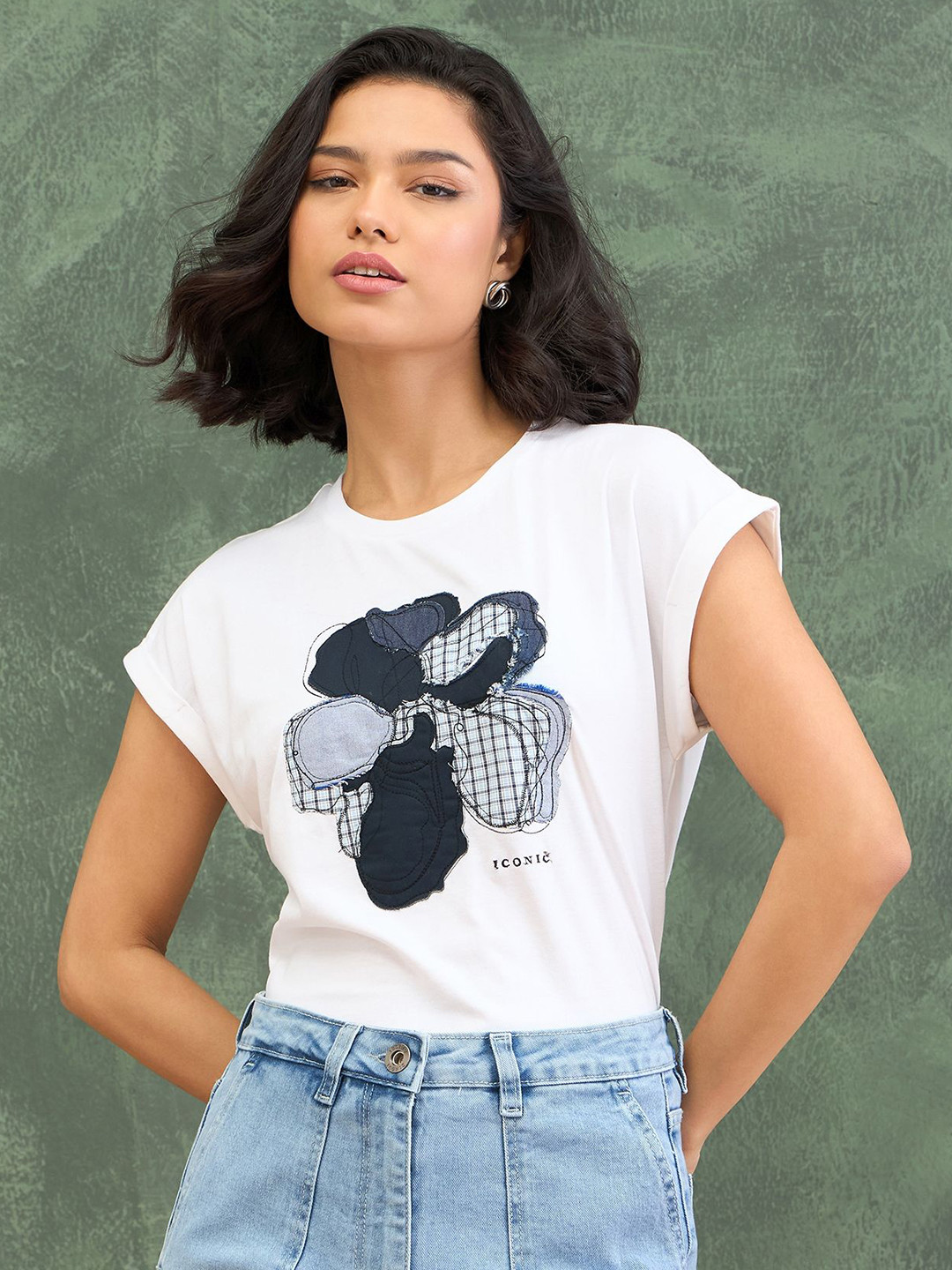 Iconic Women Biker Self Design Extended Sleeves Pure Cotton Applique T-shirt