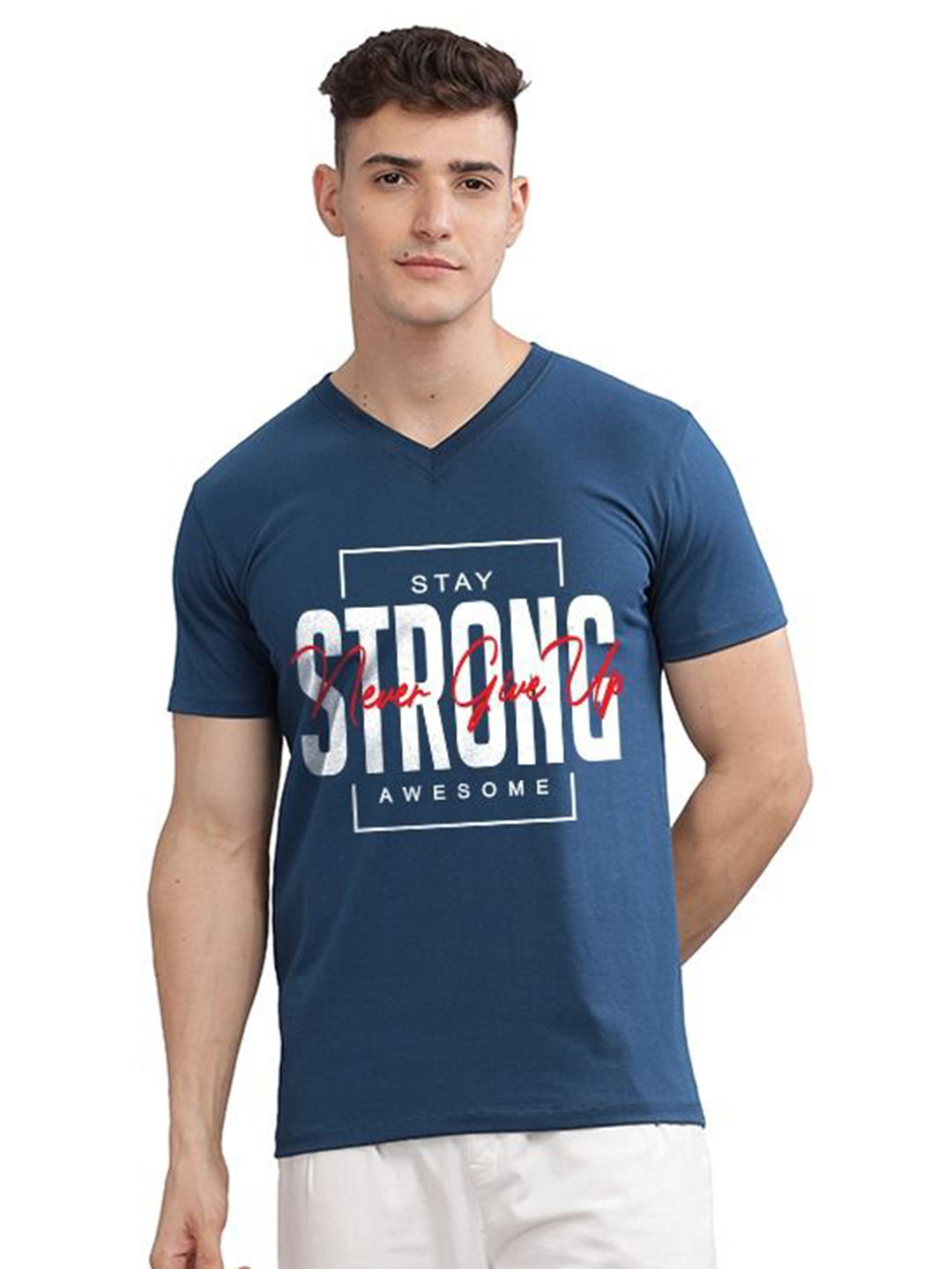 SOLACEACTIVE Stay Strong Typography Printed V-Neck T-Shirt