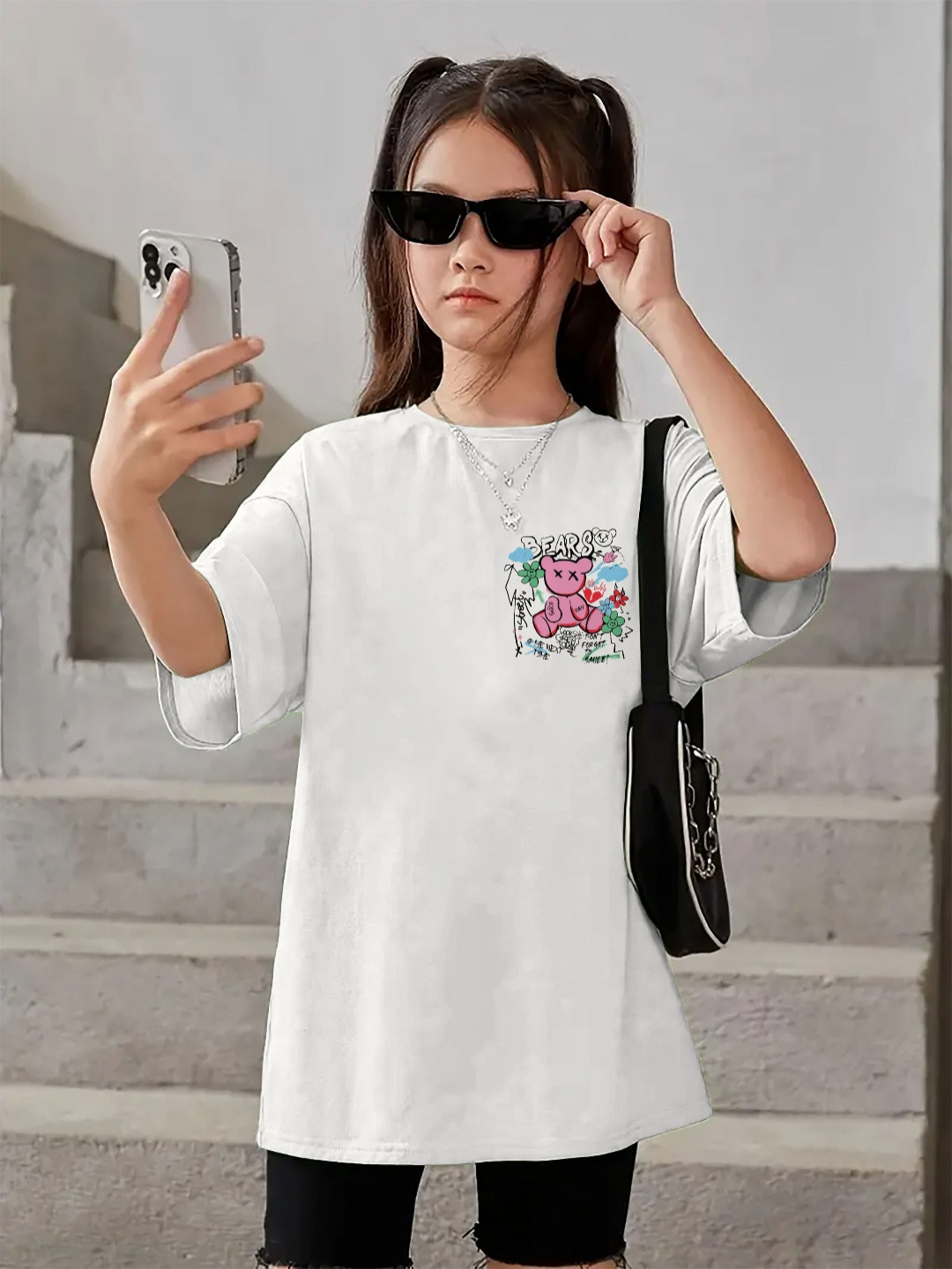 KEESOR Girls Printed Drop-Shoulder Sleeves Oversized Cotton T-shirt
