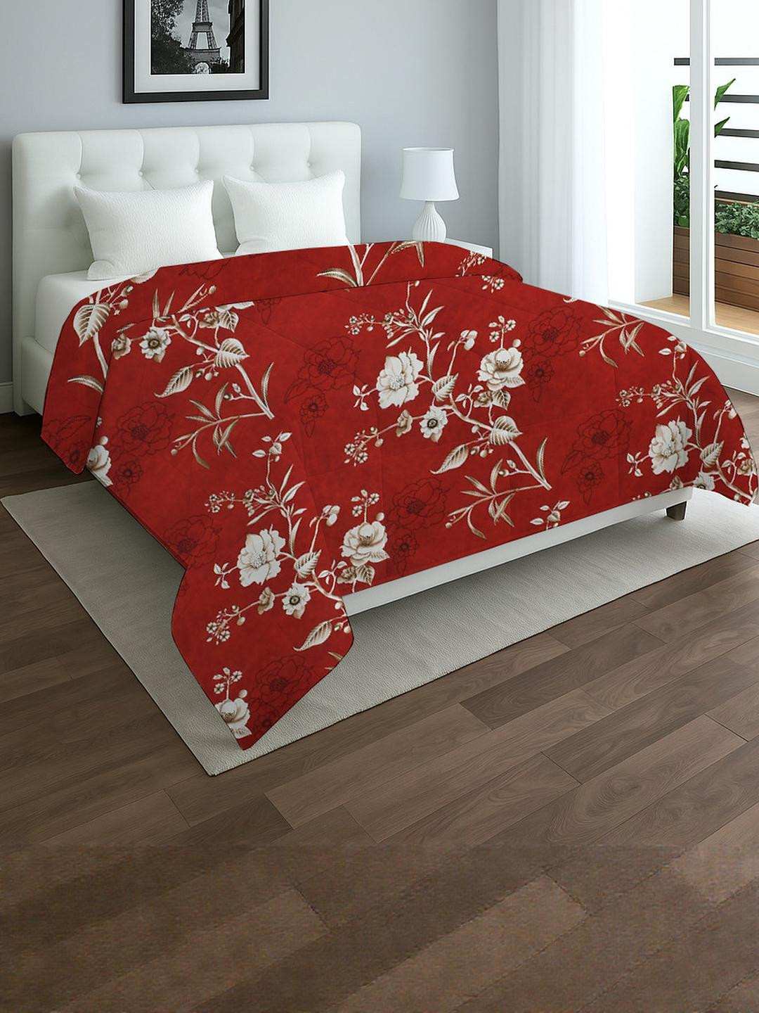 IVAZA Red Floral Microfiber AC Room 210 GSM Double Bed Comforter