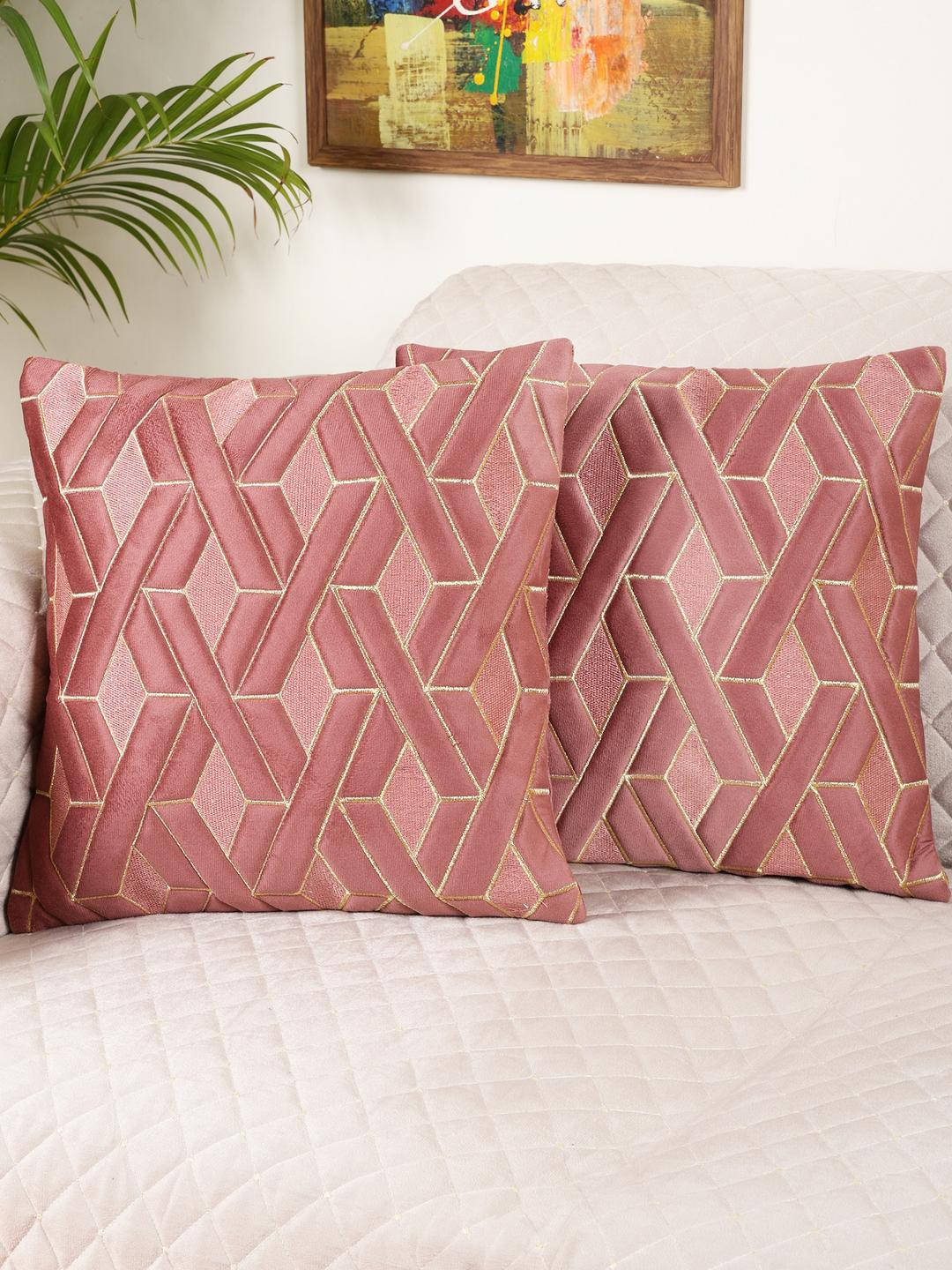 TANLOOMS Geometric Design Velvet Durable 2 Pcs Embroidered Square Cushion Covers -12x12In