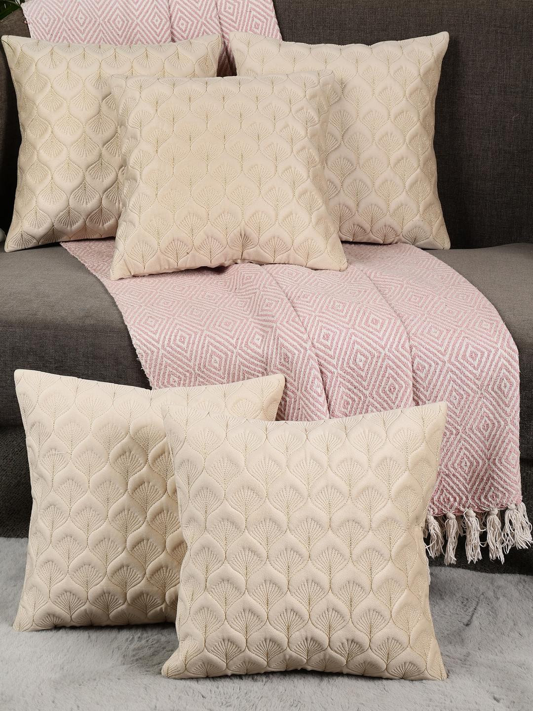 TANLOOMS Feather Desin Floral Velvet 5 Pcs Embroidered Cushion Covers - 11.8 x 11.8 In