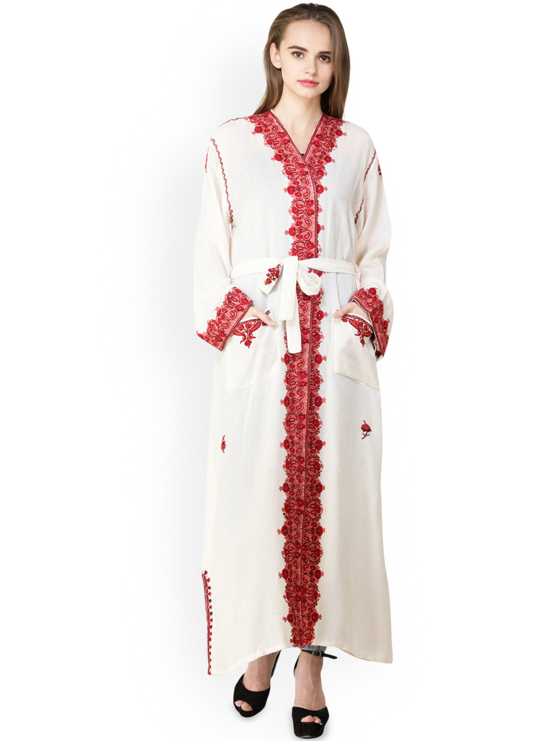 Exotic India Aari Embroidered Paiselys & Florals Kashmiri Robe