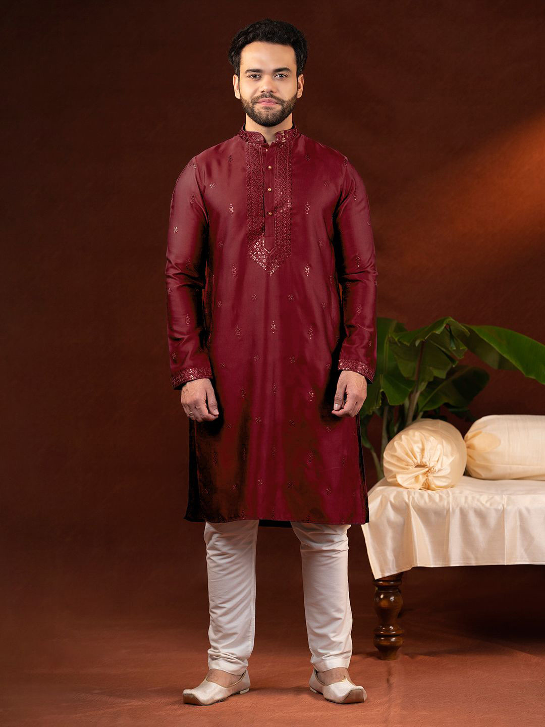 TheEthnic.Co Maroon Ethnic Motifs Embroidered Sequinned Art Silk Kurta