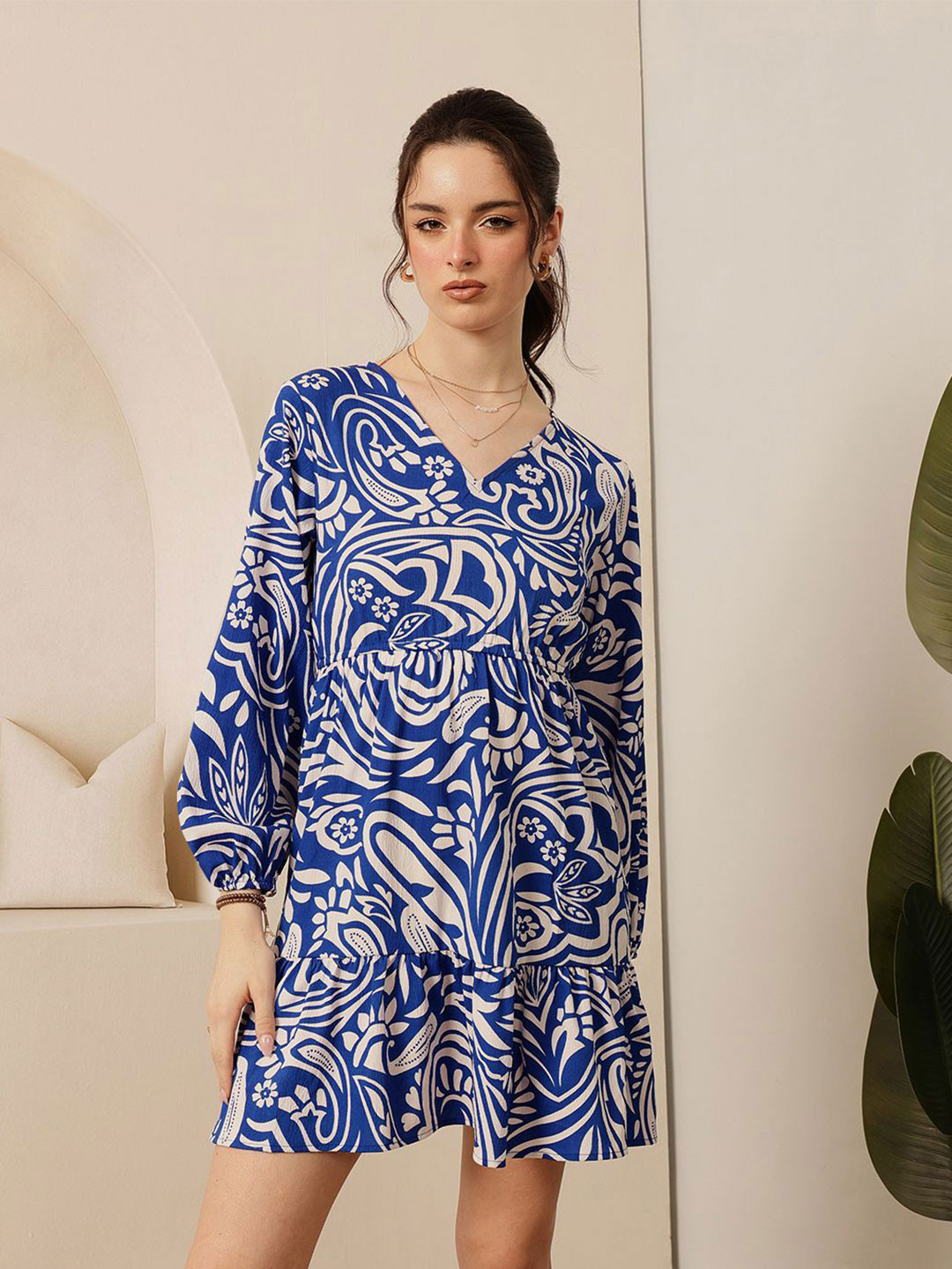 STREET 9 Women Ethnic Motifs Printed V-Neck A-Line Mini Dress
