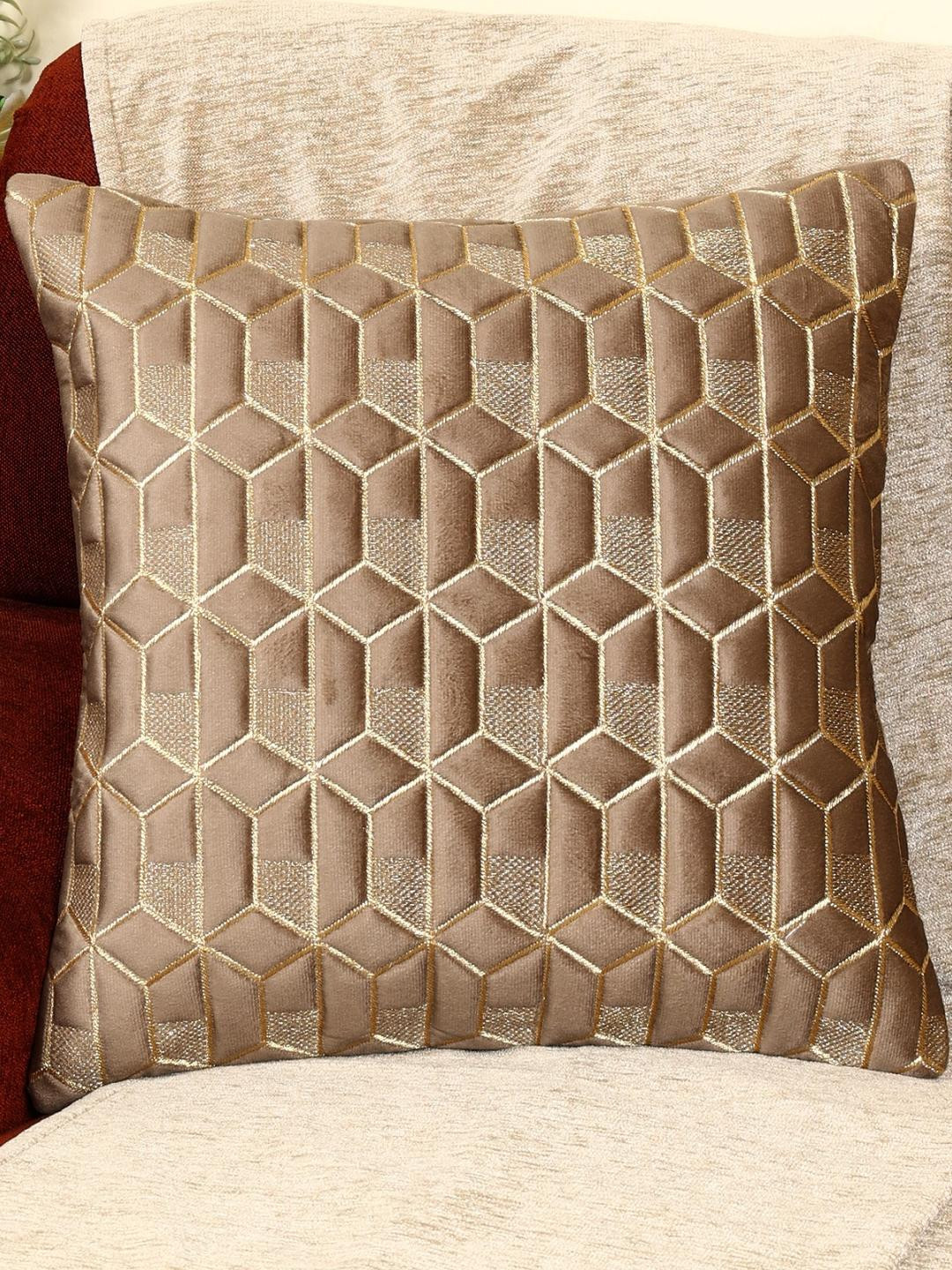 TANLOOMS Geometric Hexa Velvet Durable 5 Pcs Embroidered Square Cushion Covers -12x12In