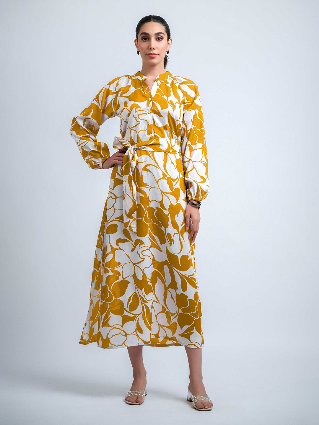 The Roadster Lifestyle Co. Floral Print Chinese Collar Shirt Midi Dress