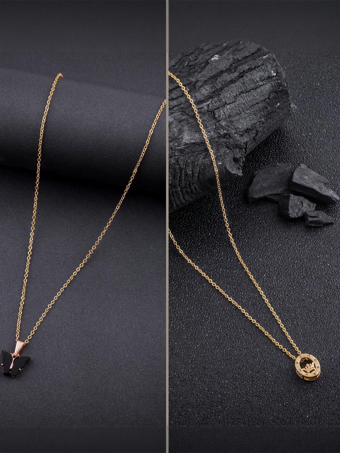 DressBerry Set of 2 Gold-Plated Circular Shaped & Butterfly Pendants With Chains