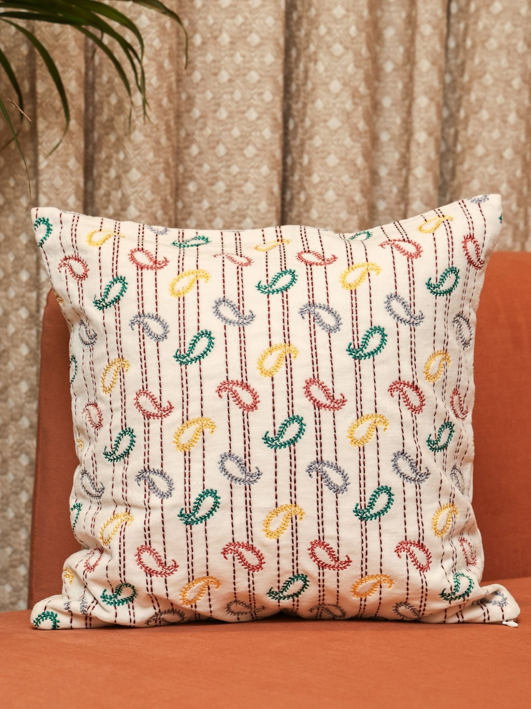 Crown of Poppies White & Red Paisley Embroidered Velvet Square Cushion Cover