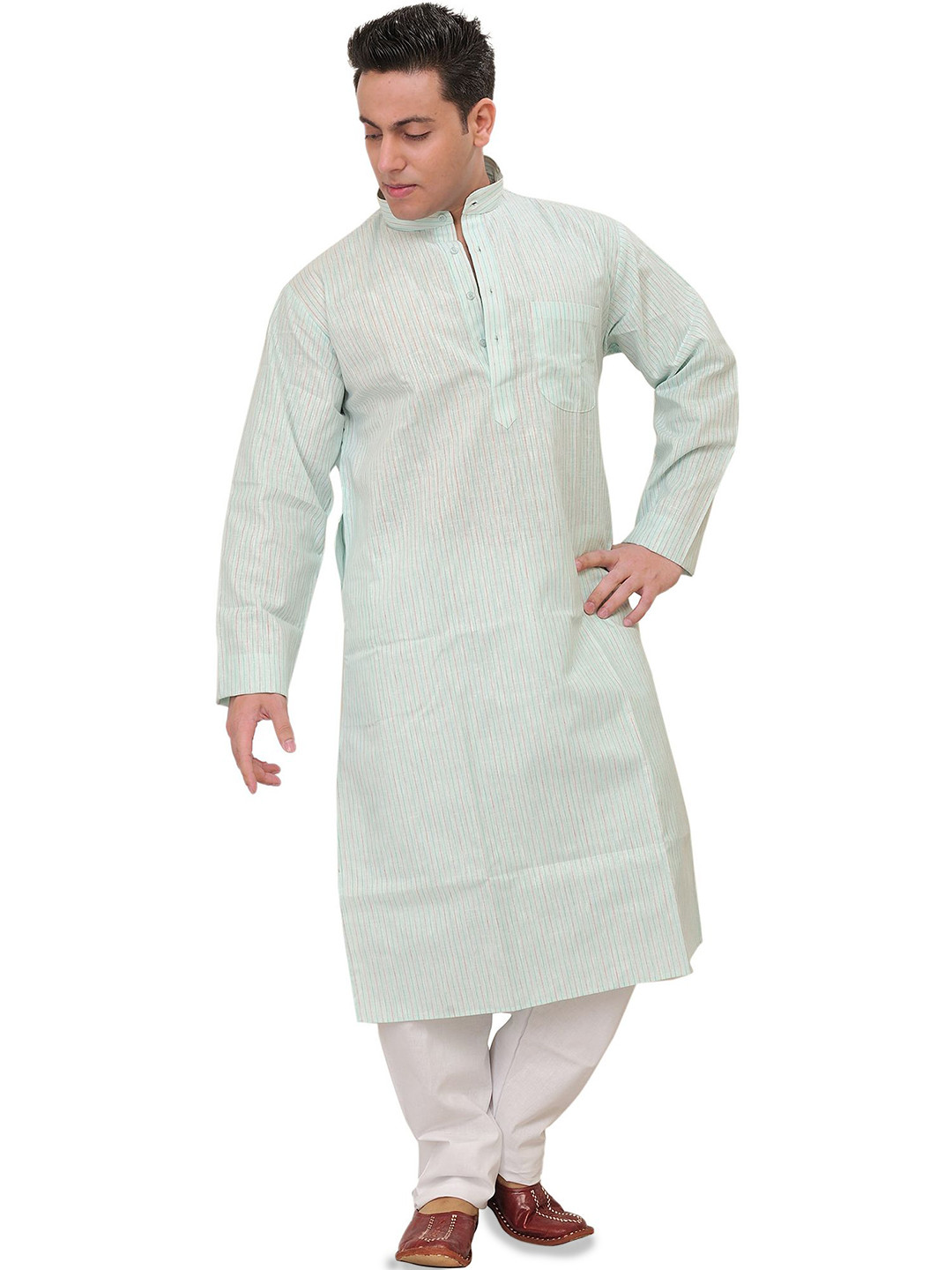 Exotic India Men Striped Regular Straight Calf Length Pure Cotton Kurta Set