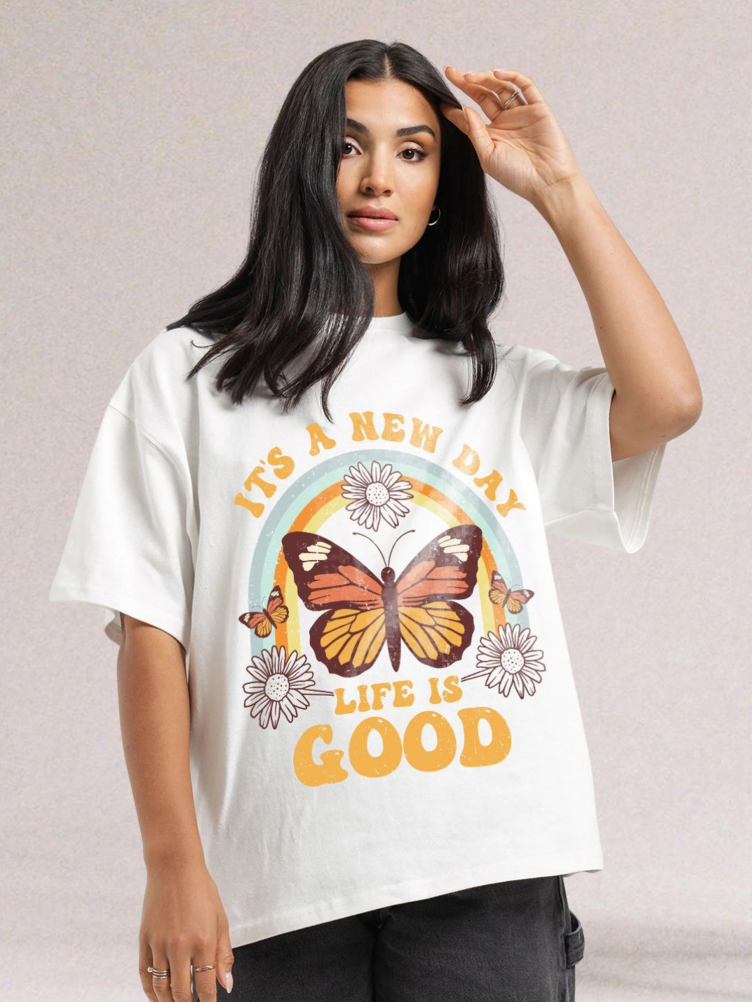 PRONK Happy Wings Graphic Printed Drop-Shoulder Sleeves Oversized Cotton T-shirt
