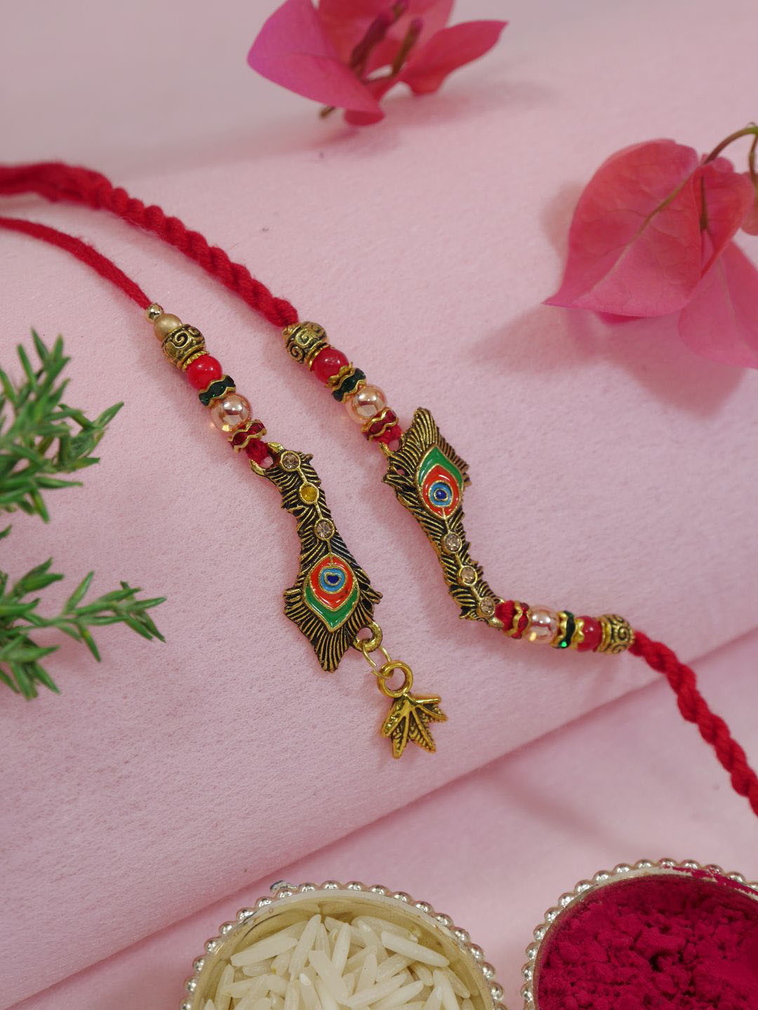 I Jewels Designer Set O f 2 Peacock Feather Design Hanging Bhaiya Bhabhi Lumba Rakhi