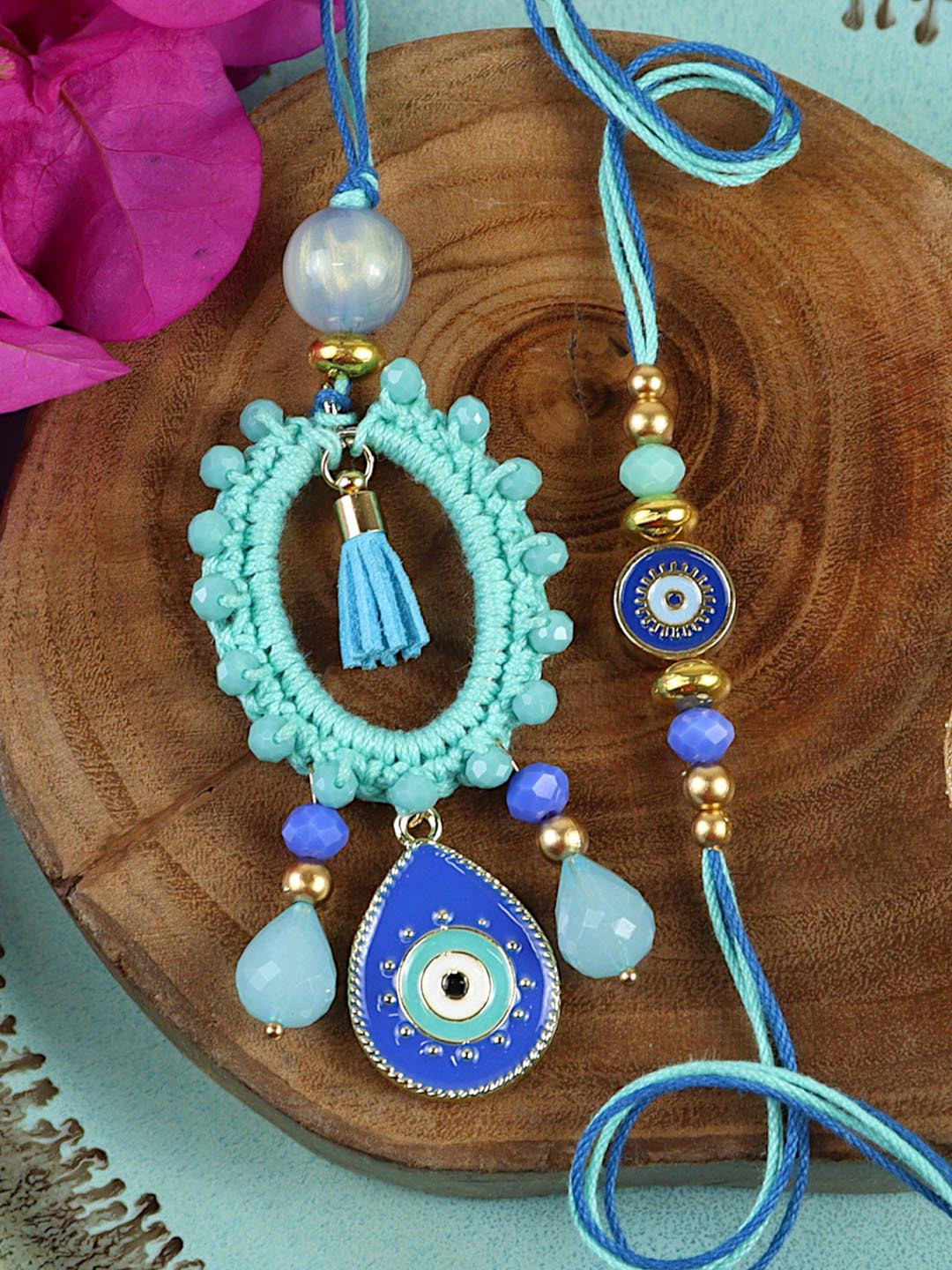 Asthetika Set Of 2 Evil Eye Crochet Bhaiya Bhabhi Rakhis With Roli Chawal