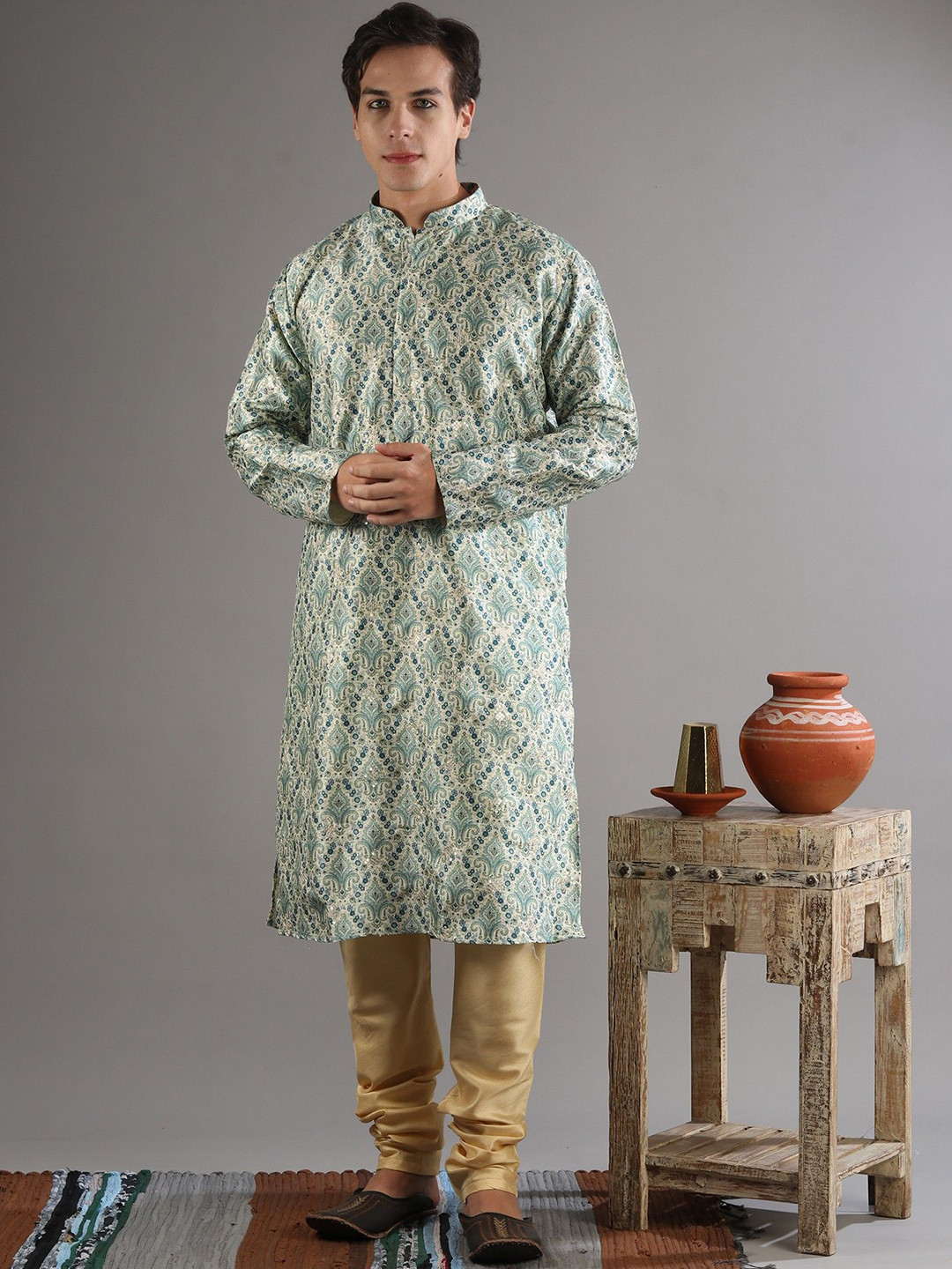 Exotic India Men Kurta-Pajama Set with All Over Victorian Digital Print Pattern