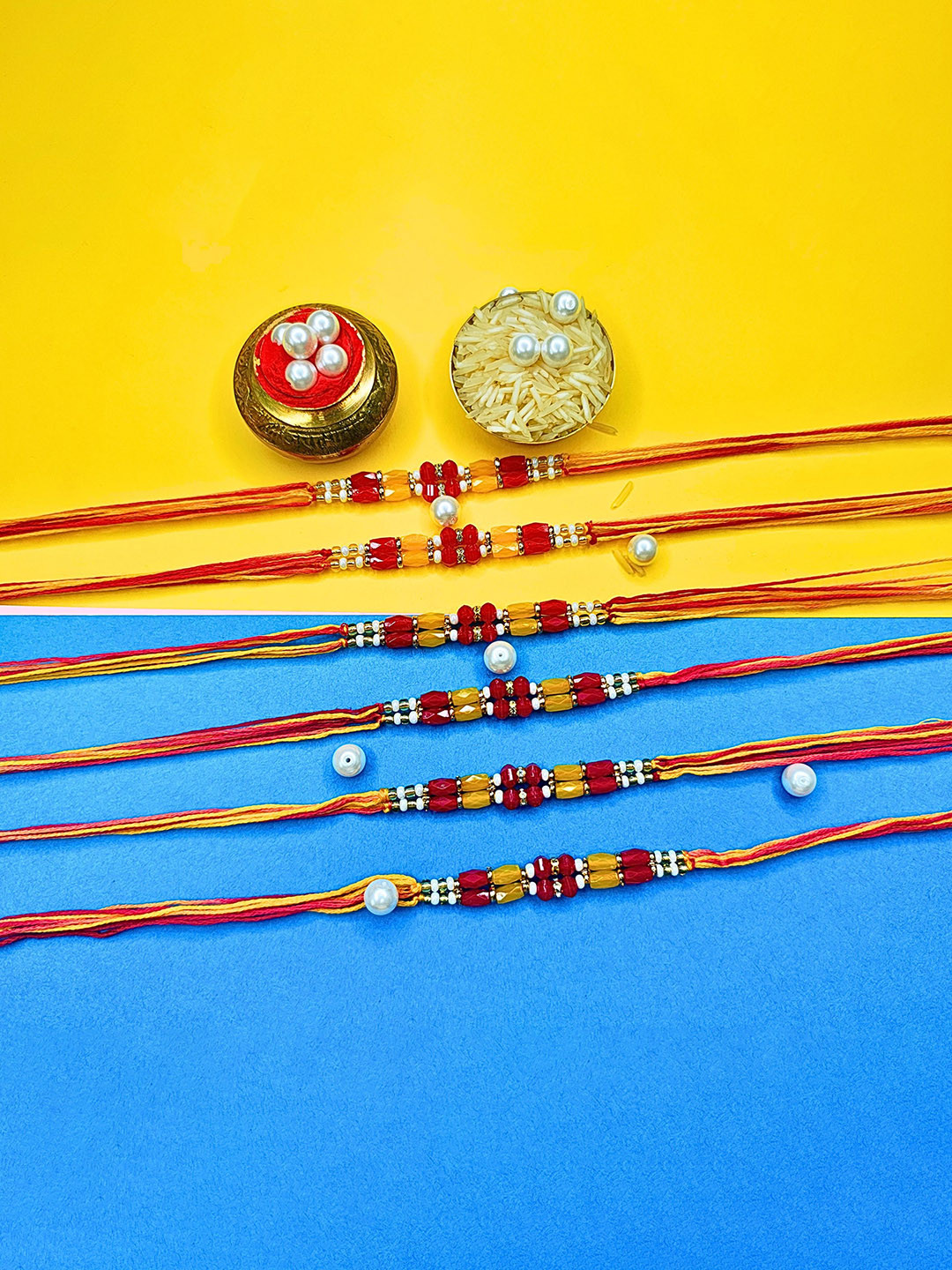 MANSIYAORANGE Set Of 6 AD Stones Studded & Beaded Cotton Thread Rakhi