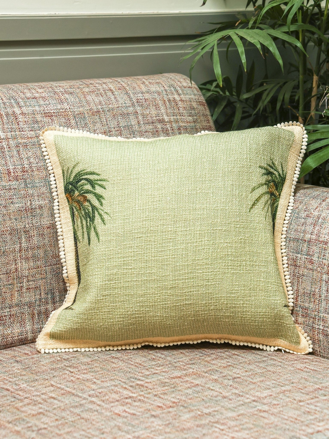 Crown of Poppies Palm Stories Green Floral Printed Cotton Square Cushion Covers