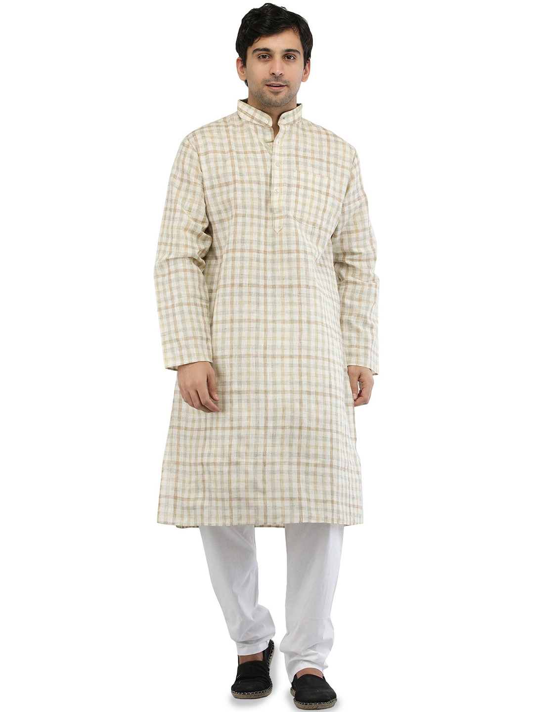 Exotic India Men Regular Pure Cotton Kurta Pajama Set With Woven Checks All-Over