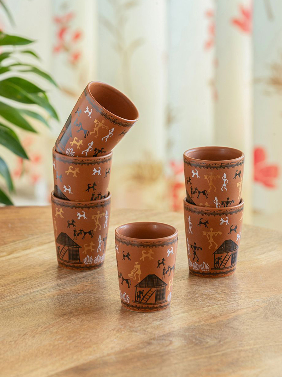 ExclusiveLane Coffee Brown & White 6 Pieces Printed Ceramic Glossy Mugs