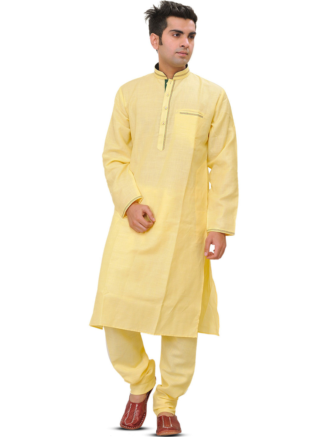 Exotic India Men Regular Pure Cotton Plain Kurta Pajama with Front Pocket