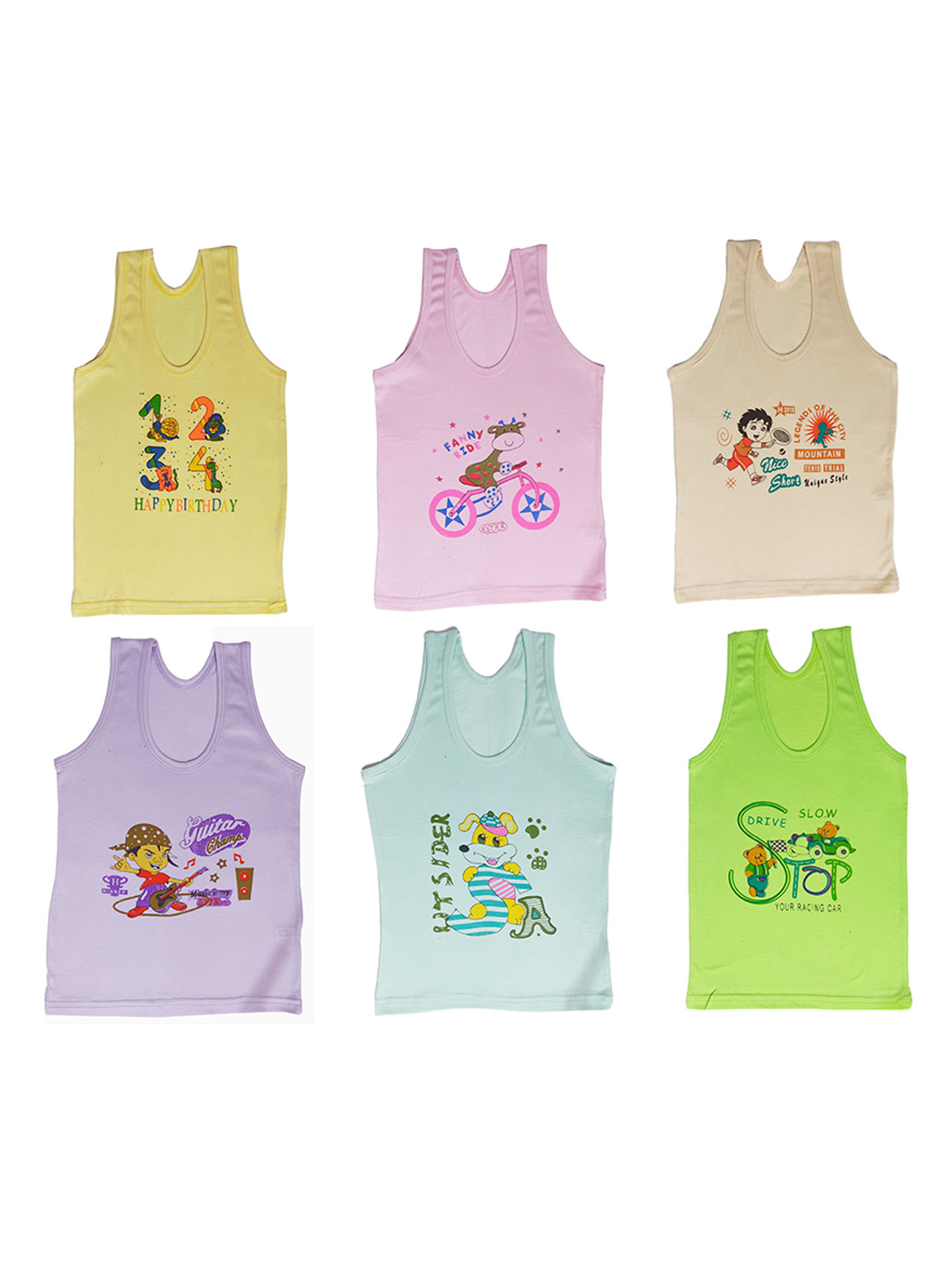 NEW TRINATH HOSIERY Kids Pack Of 6 Printed Cotton Basic Vests JBV-02