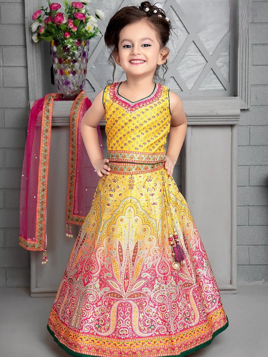 JAY NAGNATH FAB Girls Printed Beads & Stones Ready to Wear Lehenga & Blouse With Dupatta
