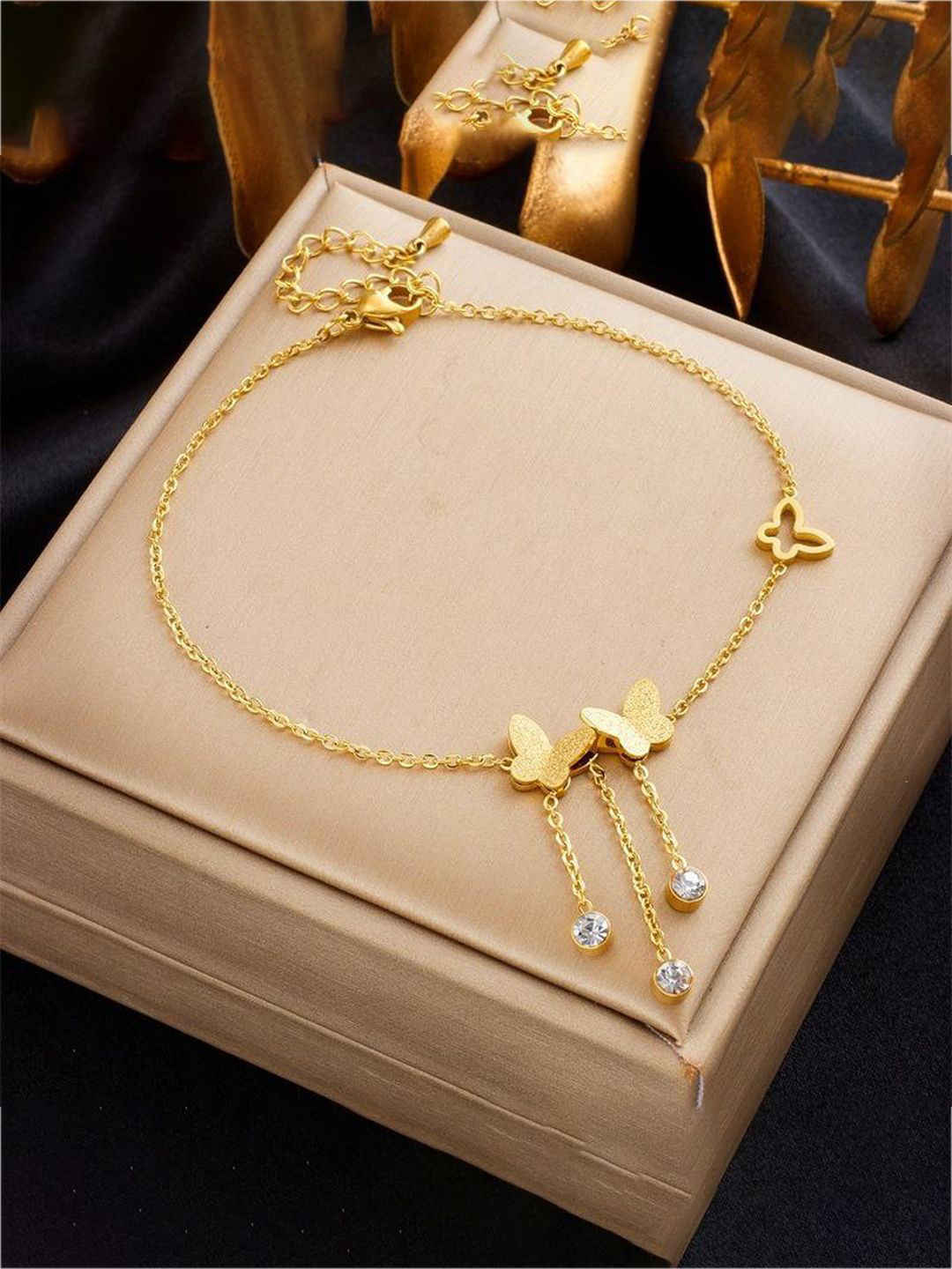 GOLDIWALA Stainless Steel Gold-Plated Stones Studded Butter-fly Wraparound Bracelet