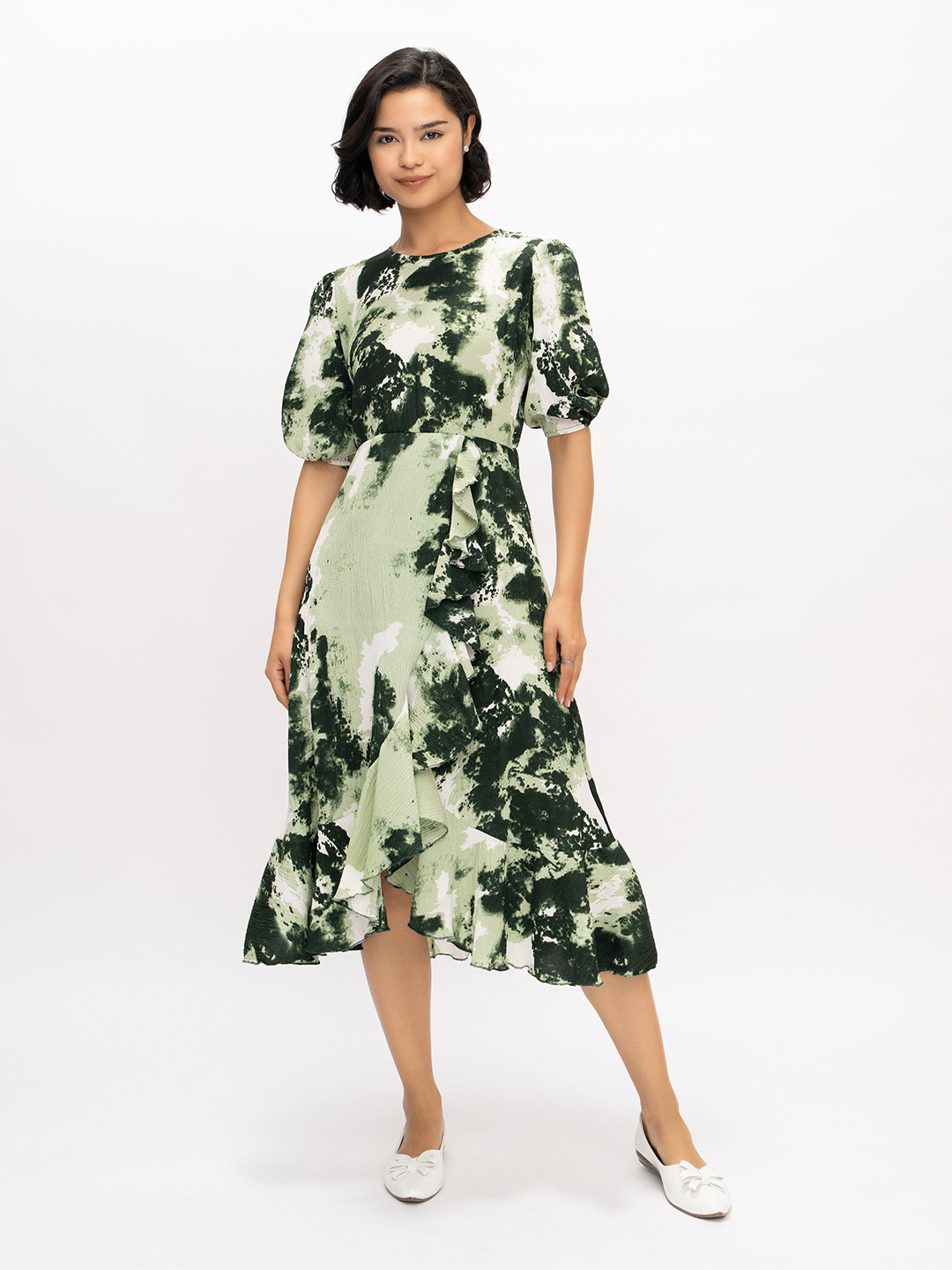 AASK Green Printed Delta Crepe Puff Sleeves A-Line Midi Dress