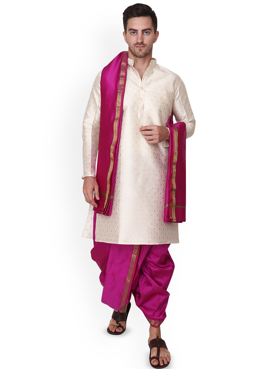 RAMESHWARAM FABRICS Woven Design Mandarin Collar Kurta With Dhoti Pants And Dupatta