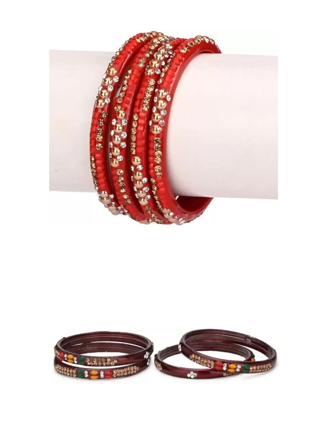 Somil Fashionable Glass Bangles/Kada Set  Combo of 2 With Colorful Chips & Beads Pack Of 8
